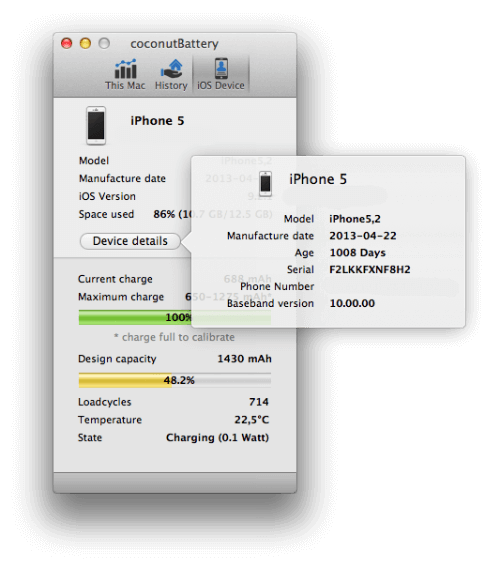 Проверка iPhone coconutBattery раздел "Детали"